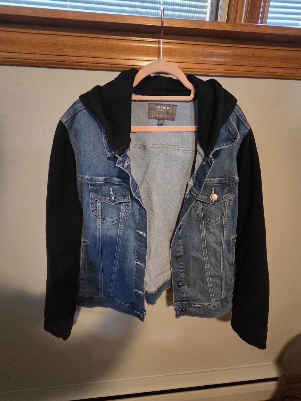 torrid Two-Tone Denim Jacket with Black Hood & Sleeves